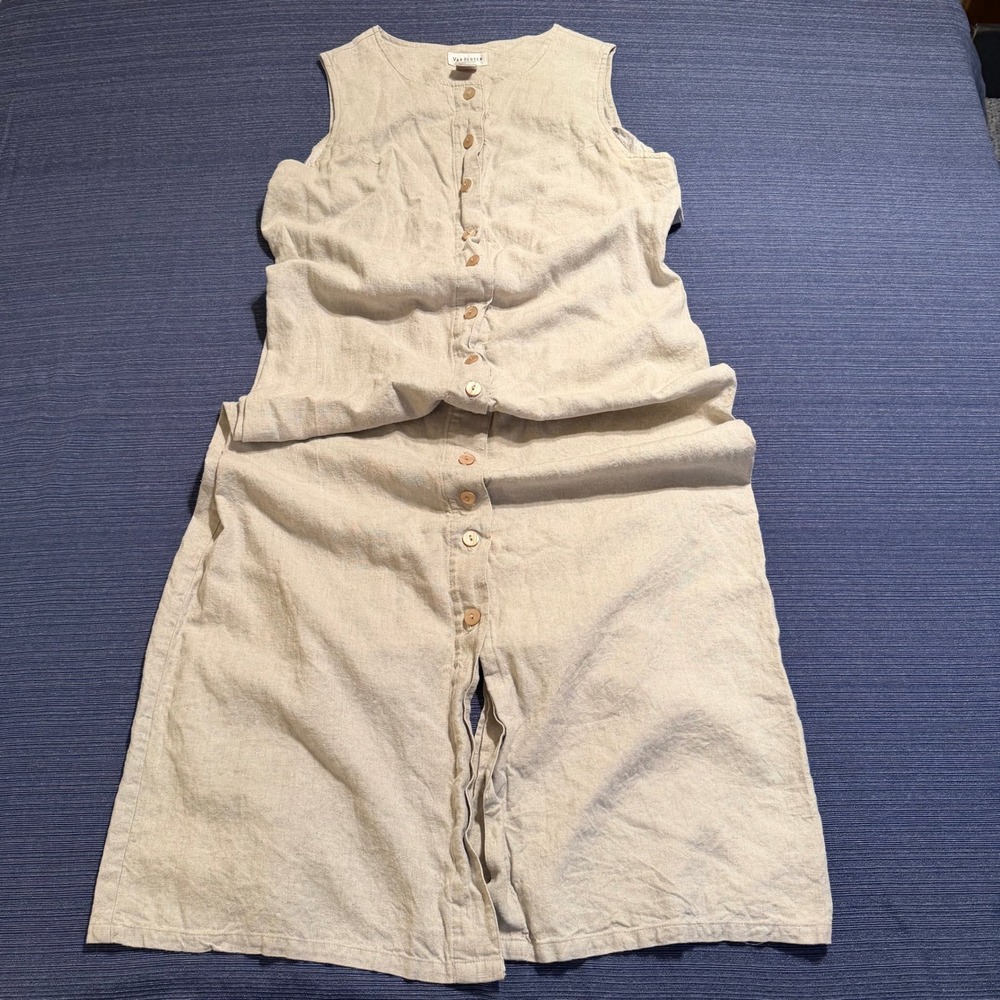 Van Heusen Womens Beige Linen Blend Sleeveless Button Front Wide Leg Dress M